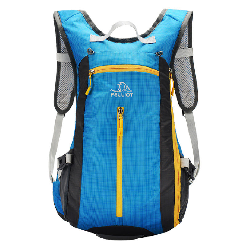Introducing the Pelliot Outdoor Wear-Resistant Backpack by eprolo, perfect for hiking, cycling, and travel. This durable blue backpack features gray mesh straps, black accents, a yellow vertical zipper pocket in front, and the Pelliot mountain logo—designed to last through all your adventures.