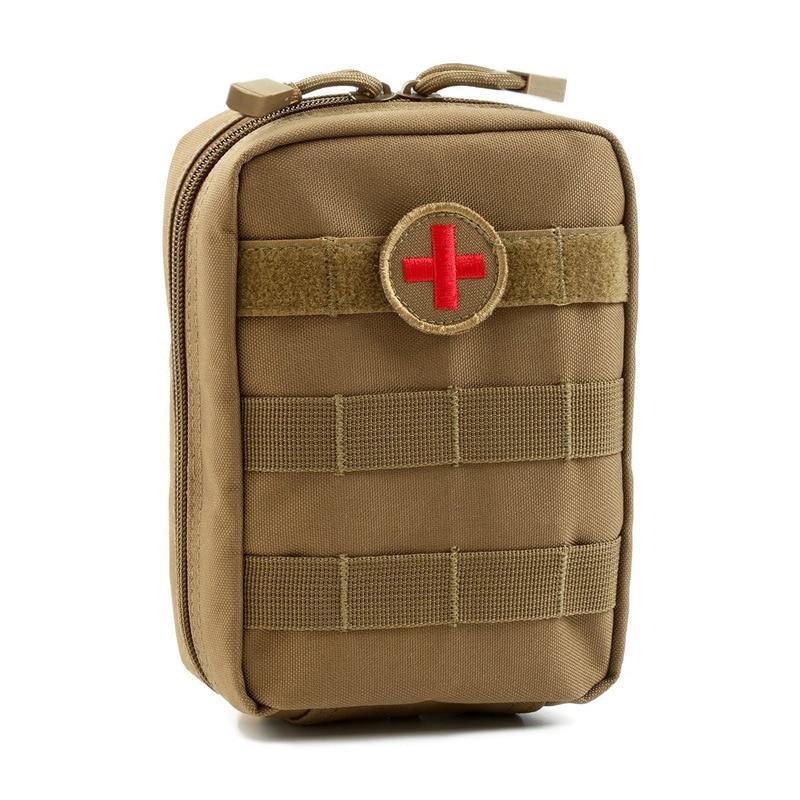 The eprolo Travel Survival Emergency First Aid Kit Empty Pouch is a compact tan case with a red cross emblem, featuring a zipper closure and molle webbing for easy attachment. Its portable design ensures your medical supplies stay organized and accessible during any adventure.