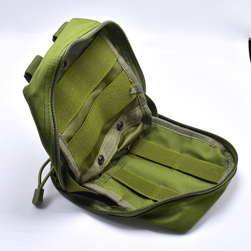 The olive green eprolo Travel Survival Emergency First Aid Kit Empty Pouch features a portable design with two main zippered compartments and an open front pocket with slots and snap buttons, perfect for organizing small items or medical supplies. It is displayed against a plain white background.