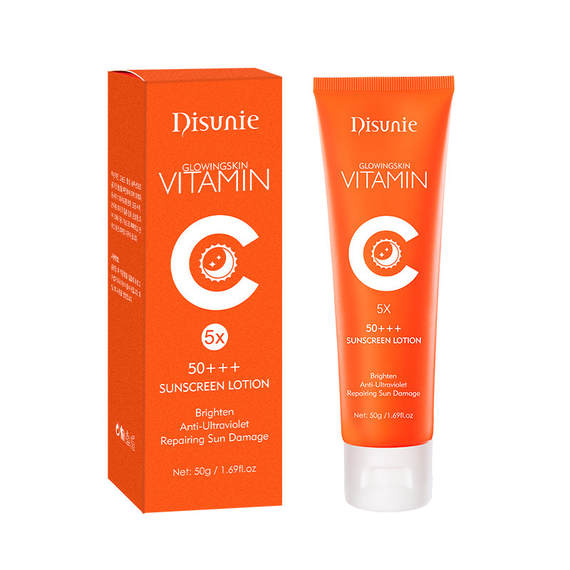 Orange packaging and tube of SPF 50 Vitamin C Sunscreen Cream by Modalyst. This formula claims to brighten skin, protect against UV rays, and repair sun damage. Infused with collagen, it offers 50g or 1.69 fl oz for radiant, youthful skin.