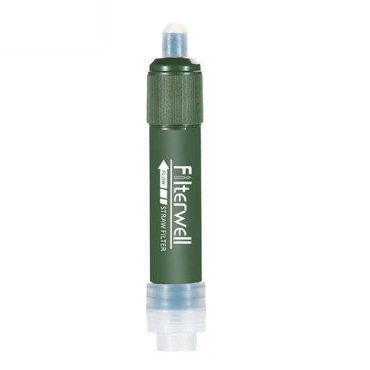 The eprolo Emergency Direct Drinking Water Purifier is a green portable cylindrical water filter straw with advanced filtration, featuring a capped mouthpiece and transparent end. Ideal for outdoor activities, it serves as an emergency drinking water purifier.