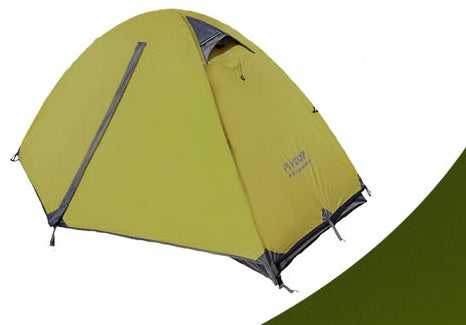 Set against a white and green background, the eprolo Outdoor Double Camping Rainproof Tent features lime green fabric with grey poles and trim and has a partially open entrance.