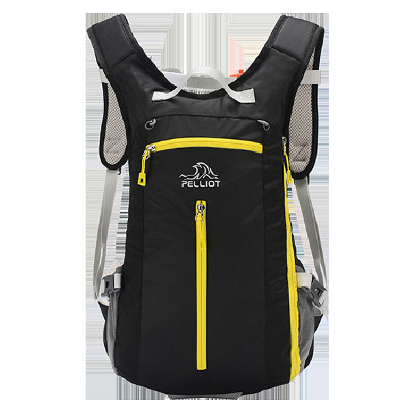 The eprolo Pelliot Outdoor Backpack, in black and yellow, is ideal for hiking, cycling, and travel. It includes a zippered front pocket and padded shoulder straps. Crafted with wear-resistant materials, it offers durability and large capacity for essentials while remaining compact.