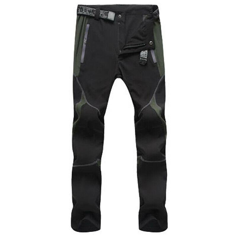 The Mens Quick-Dry Color-Stitched Hiking Pants by eprolo are black and green, featuring multiple pockets, reinforced knees, and a belt. With a rugged, windproof design, these pants are ideal for outdoor activities like hiking or tactical use.