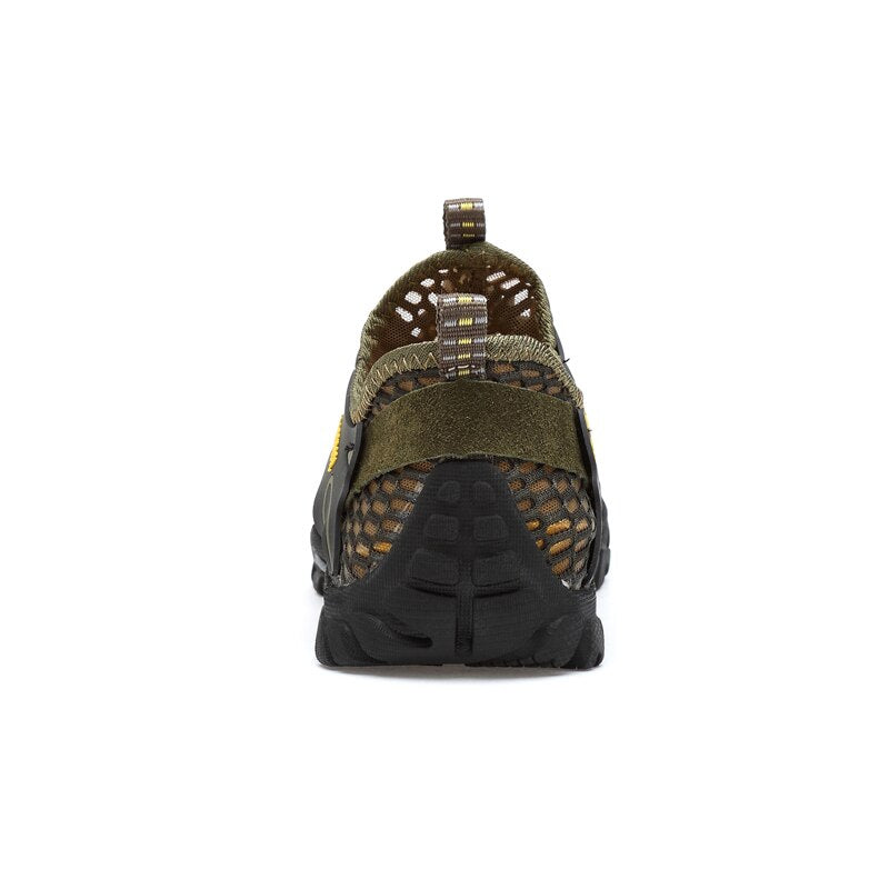 Rear view of a single eprolo olive green outdoor sneaker with durable black non-slip outsole and mesh details. These Mens Summer Breathable Hiking Shoes feature a heel pull tab and are designed for comfort, traction, and quick-dry technology.
