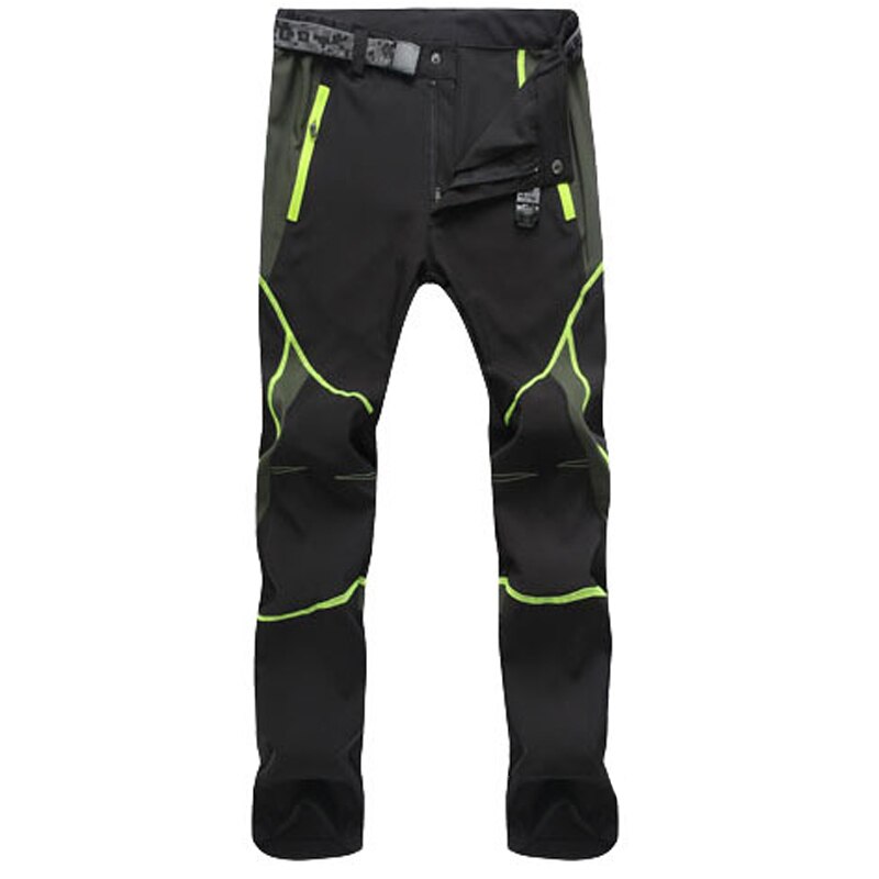 Eprolos Mens Quick-Dry Color-Stitched Hiking Pants offer a windproof design in black with neon green stitched accents and zippers, reinforced knees, an adjustable waist belt, and multiple pockets—ideal for outdoor adventures.
