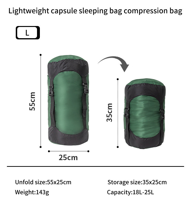 The eprolo Lightweight 40D Nylon Compression Stuff Sack is a green and black capsule perfect for camping gear. It measures 55cm x 25cm unfolded, compresses to 35cm x 25cm, weighs just 143g, and has an impressive capacity of 18-25L. An arrow highlights its compression feature.