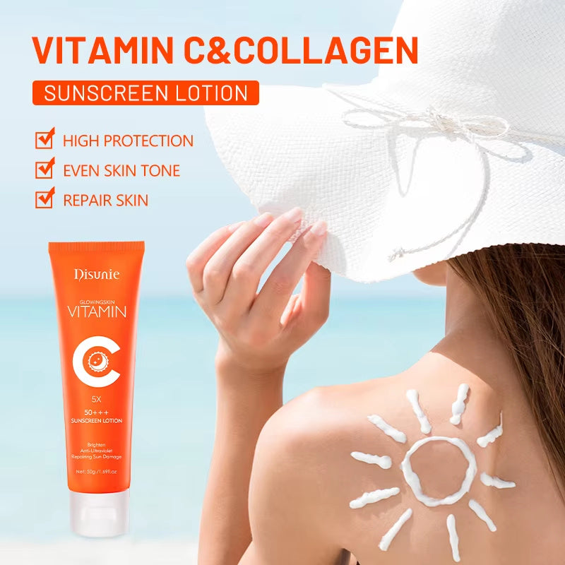 A woman in a white sun hat applies sunscreen in a sun shape on her back to promote Modalysts Sunscreen Cream SPF 50 Vitamin C Collagen Moisturizer Brightening Lotion. Text highlights high protection, even skin tone, and repair benefits. The product tube is visible.
