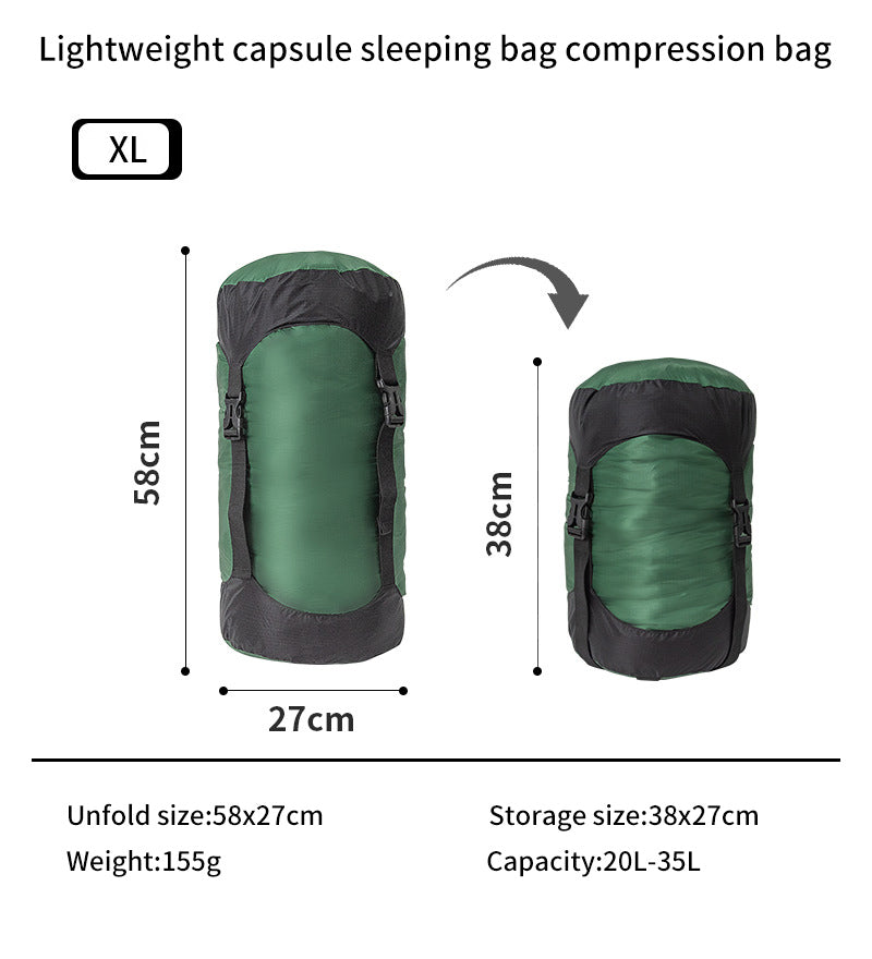 The eprolo Lightweight 40D Nylon Compression Stuff Sack for Sleeping Bags is green and black, XL-sized, and weighs only 155g. It expands to 58 cm tall and compacts to 38 cm tall with a storage size of 38x27 cm and a capacity of 20L-35L—perfect for camping gear.