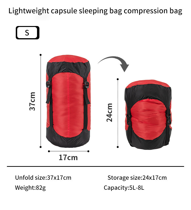 The eprolo Lightweight 40D Nylon Compression Stuff Sack is made with durable fabric and comes in red and black. It measures 37x17 cm unfolded, 24x17 cm compacted, weighs 82g, and boasts a capacity of 5L-8L. An arrow shows the easy compression process, making it perfect for camping gear. Size: S.