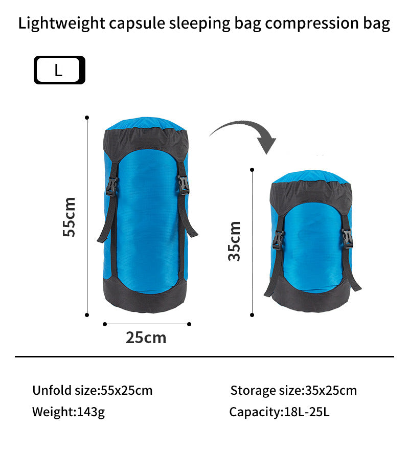 A blue capsule sleeping bag made from eprolos durable 40D nylon, ideal for camping gear lovers. Features a lightweight compression stuff sack. Dimensions: 55x25cm unfolded, 35x25cm stored. Weighs 143g, with an adjustable capacity of 18L to 25L, size labeled as L.