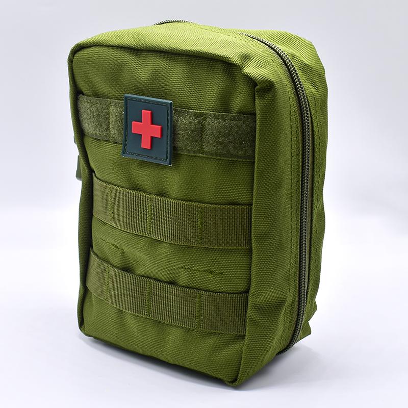 The eprolo Travel Survival Emergency First Aid Kit Empty Pouch, in green with a red cross emblem, features a zippered closure and external straps for attachment. Its upright position against a white background enhances its portability, making it perfect for carrying emergency medical supplies.