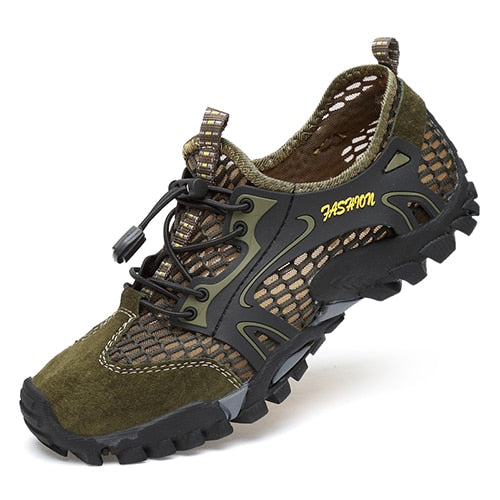 The eprolo Mens Summer Breathable Hiking Shoes, featuring a breathable olive green suede and mesh design with a rugged black sole, decorative laces, black accents, and FASHION in yellow on the side, offer quick-dry technology for ultimate comfort.
