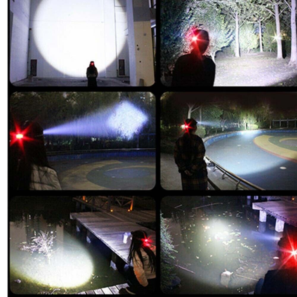 A collage of six images features a person outdoors at night wearing the Modalyst 990000LM Rechargeable LED Headlamp. The zoomable tactical flashlight highlights trees, a large wall, a pool, and a dock over water, showcasing its impressive intensity and reach.