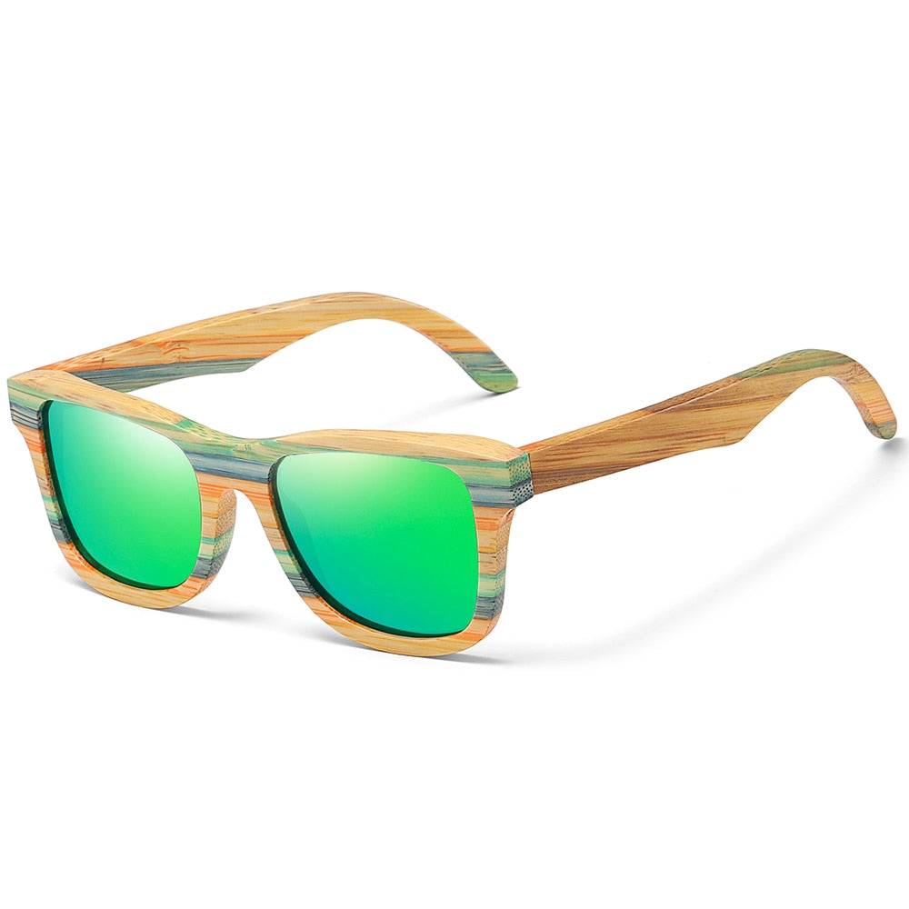 Handcrafted by eprolo, the Skateboard Polarized Genuine Bamboo Wood Frame Vintage Sunglasses feature striped earthy-tone bamboo frames and temples with green mirrored, polarized lenses.