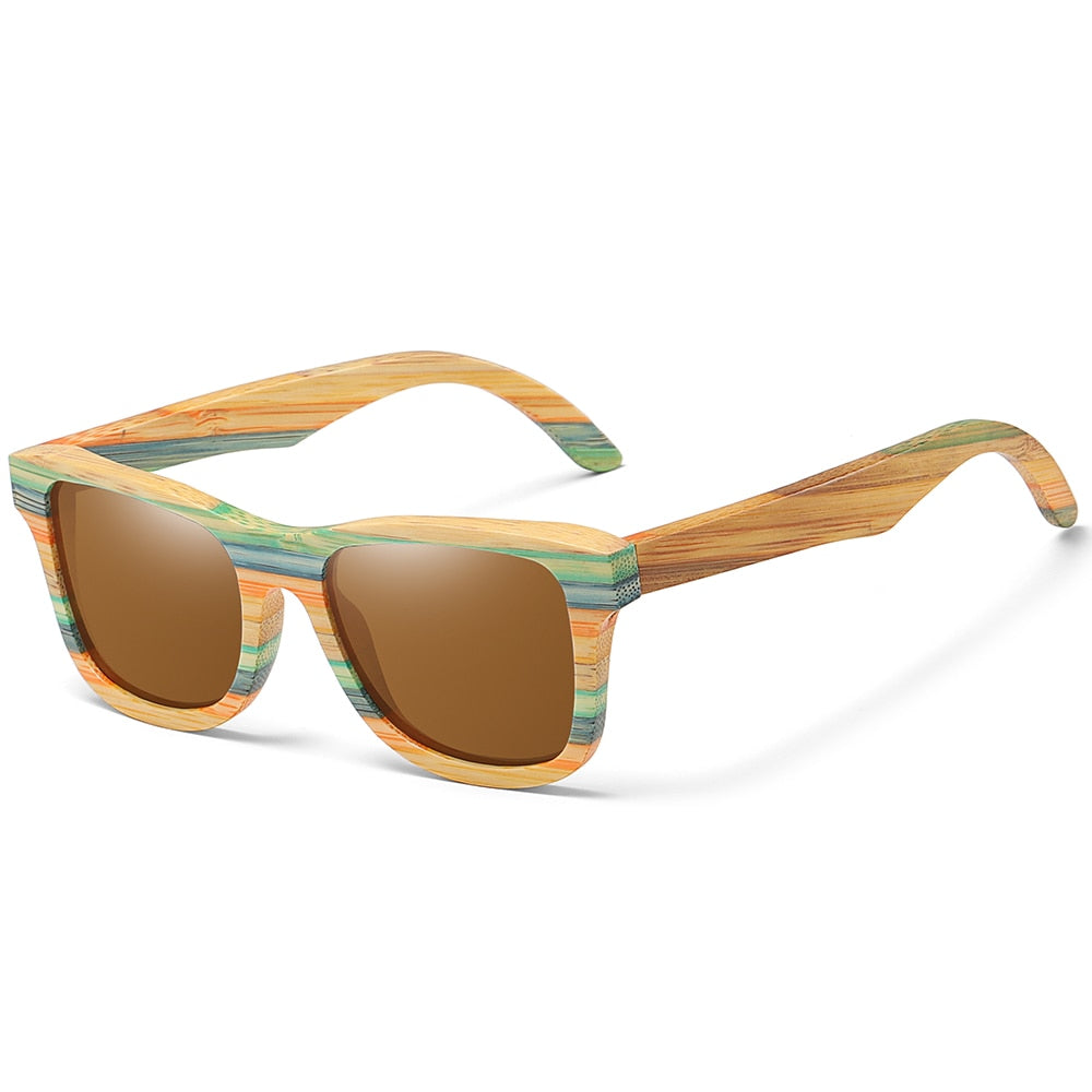 The Skateboard Polarized Genuine Bamboo Wood Frame Vintage Sunglasses by eprolo feature square bamboo frames with vibrant striped patterns and brown polarized lenses. The arms extend back, mirroring the playful patterns on a crisp white background.