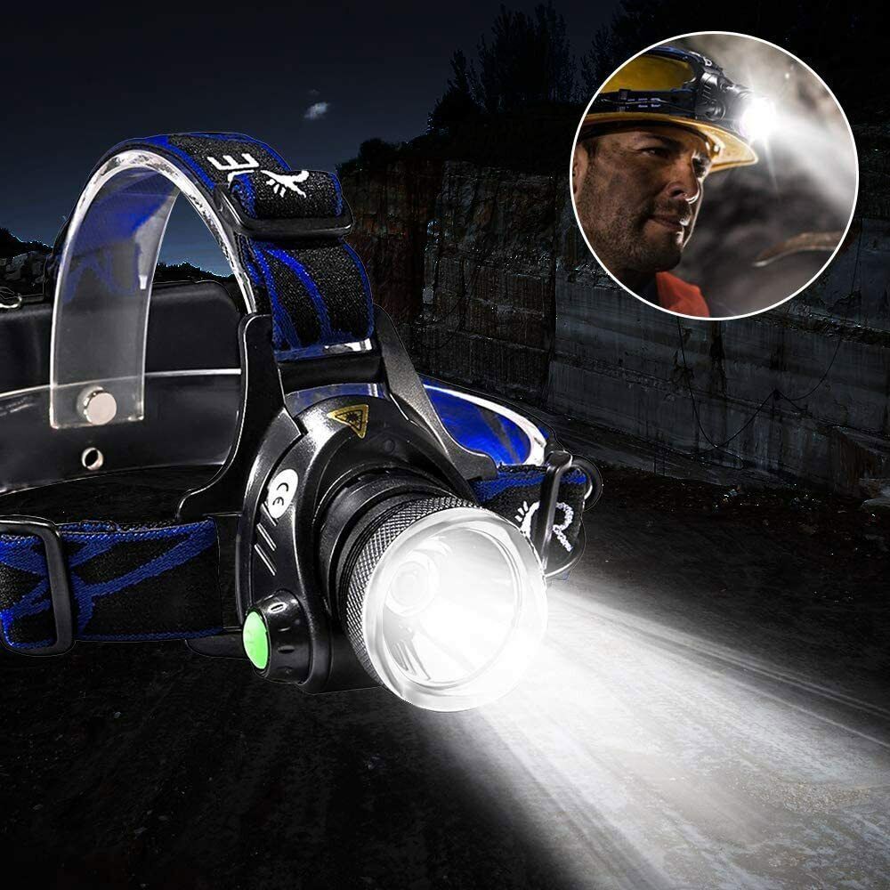 The Modalyst 990000LM Rechargeable LED Headlamp, featuring a zoomable tactical flashlight in black and blue, provides ultra-bright illumination in dark settings. An inset shows a person using its adjustable focus in dim areas like caves or mines, showcasing its versatility.