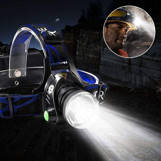 The Modalyst 990000LM Rechargeable LED Headlamp, featuring a zoomable tactical flashlight in black and blue, provides ultra-bright illumination in dark settings. An inset shows a person using its adjustable focus in dim areas like caves or mines, showcasing its versatility.