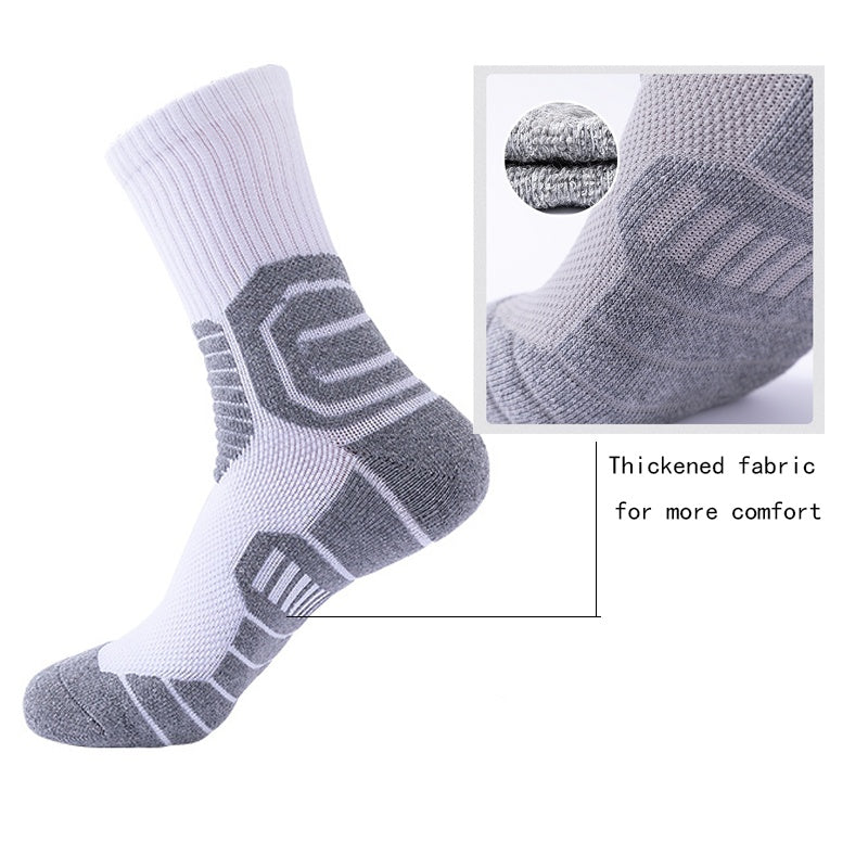 The Modalyst 8 Pairs Mens Compression Running Socks feature a white and gray design with ribbed cuffs, arch support, and cushioned heel and toe. Breathable mesh ensures thickened fabric for comfort. Inset shows fabric texture close-up. Text: Thickened fabric for more comfort.