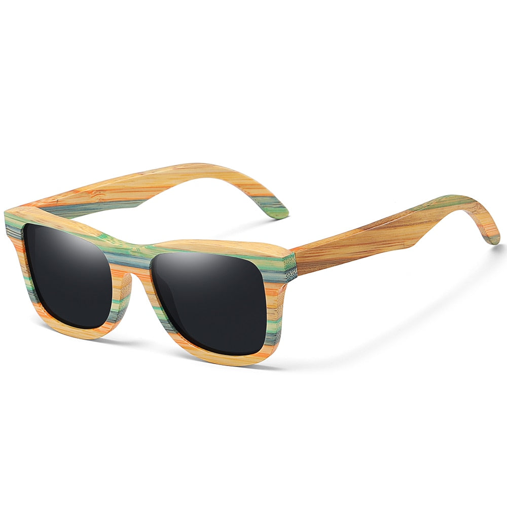 The eprolo Skateboard Polarized Genuine Bamboo Wood Frame Vintage Sunglasses feature thick square frames with a multicolored wood grain pattern in yellow, green, and brown, and have dark, reflective polarized lenses.