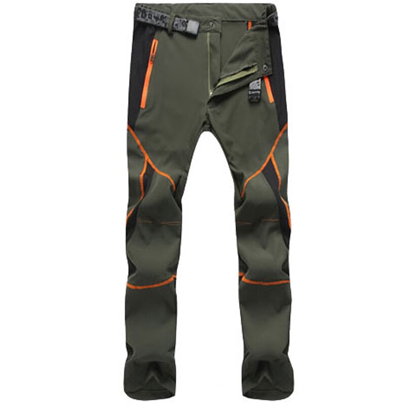 Eprolo Mens Quick-Dry Color-Stitched Hiking Pants in olive green and black with orange accents. These windproof workwear pants feature zip closures, reinforced knees, and multiple pockets for hiking or outdoor use.