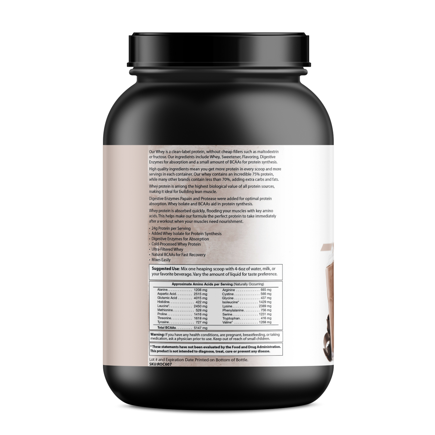 The PureEx Absolute Whey - Chocolate from Purex Nutrition is a black container of whey protein, labeled with ingredients, nutritional info, use instructions, and a table detailing protein content, BCAAs, vitamins, and minerals to support muscle recovery.