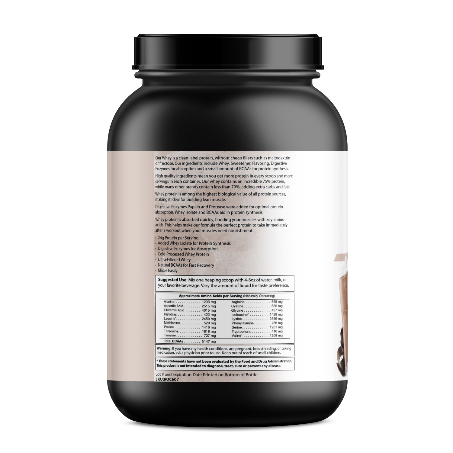 The PureEx Absolute Whey - Chocolate from Purex Nutrition is a black container of whey protein, labeled with ingredients, nutritional info, use instructions, and a table detailing protein content, BCAAs, vitamins, and minerals to support muscle recovery.