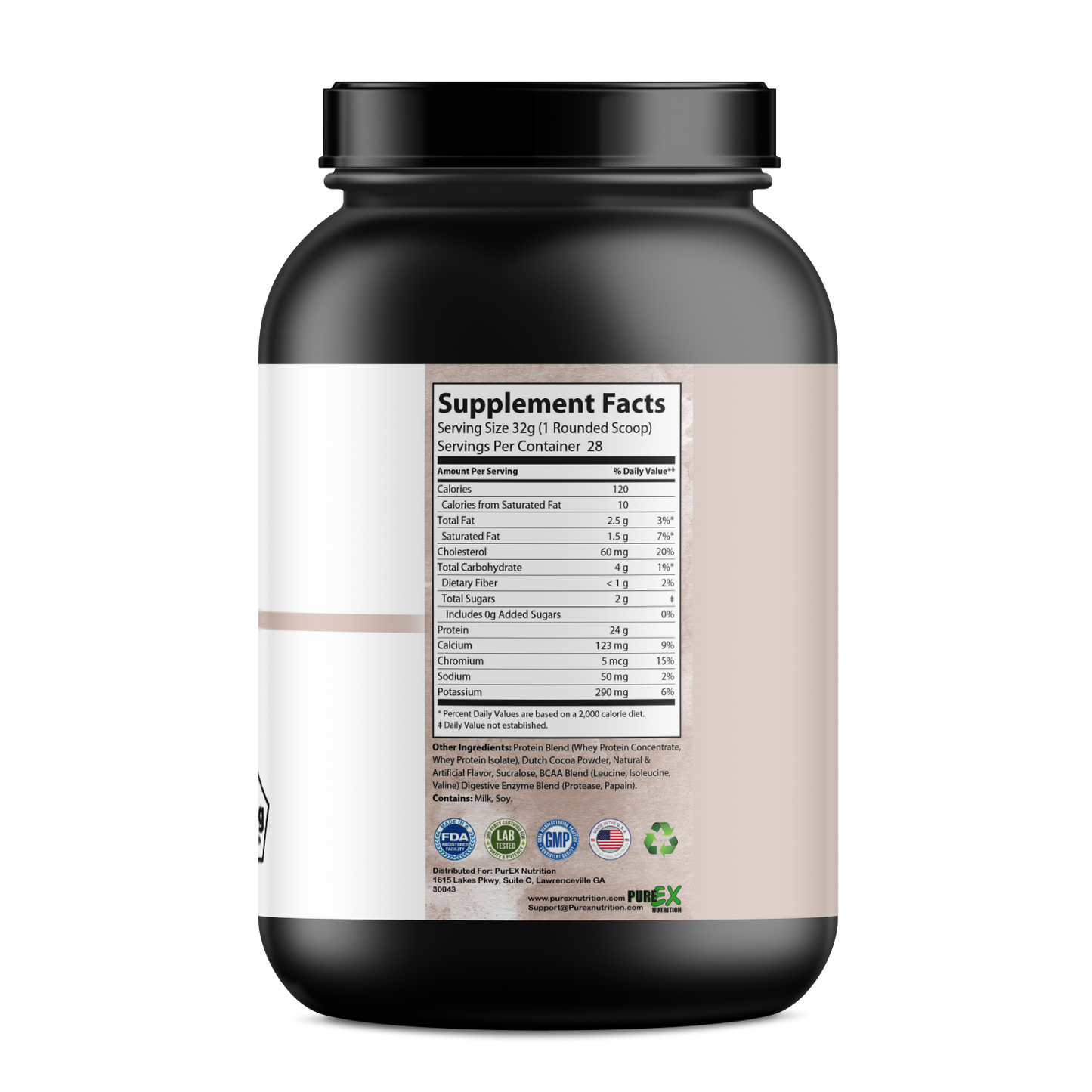 The PureEx Absolute Whey - Chocolate by Purex Nutrition displays a supplement facts label with nutritional information and whey protein ingredients on its black and brown container. Certification logos highlight its muscle recovery benefits.