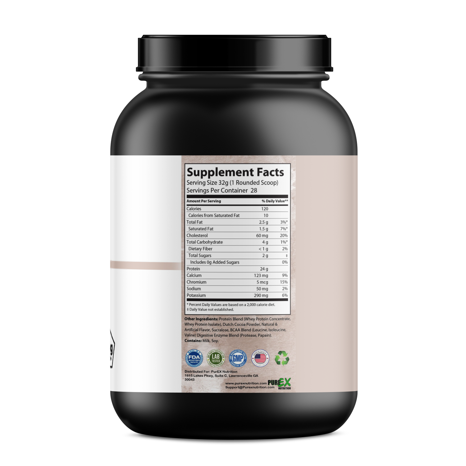 The PureEx Absolute Whey - Chocolate by Purex Nutrition displays a supplement facts label with nutritional information and whey protein ingredients on its black and brown container. Certification logos highlight its muscle recovery benefits.