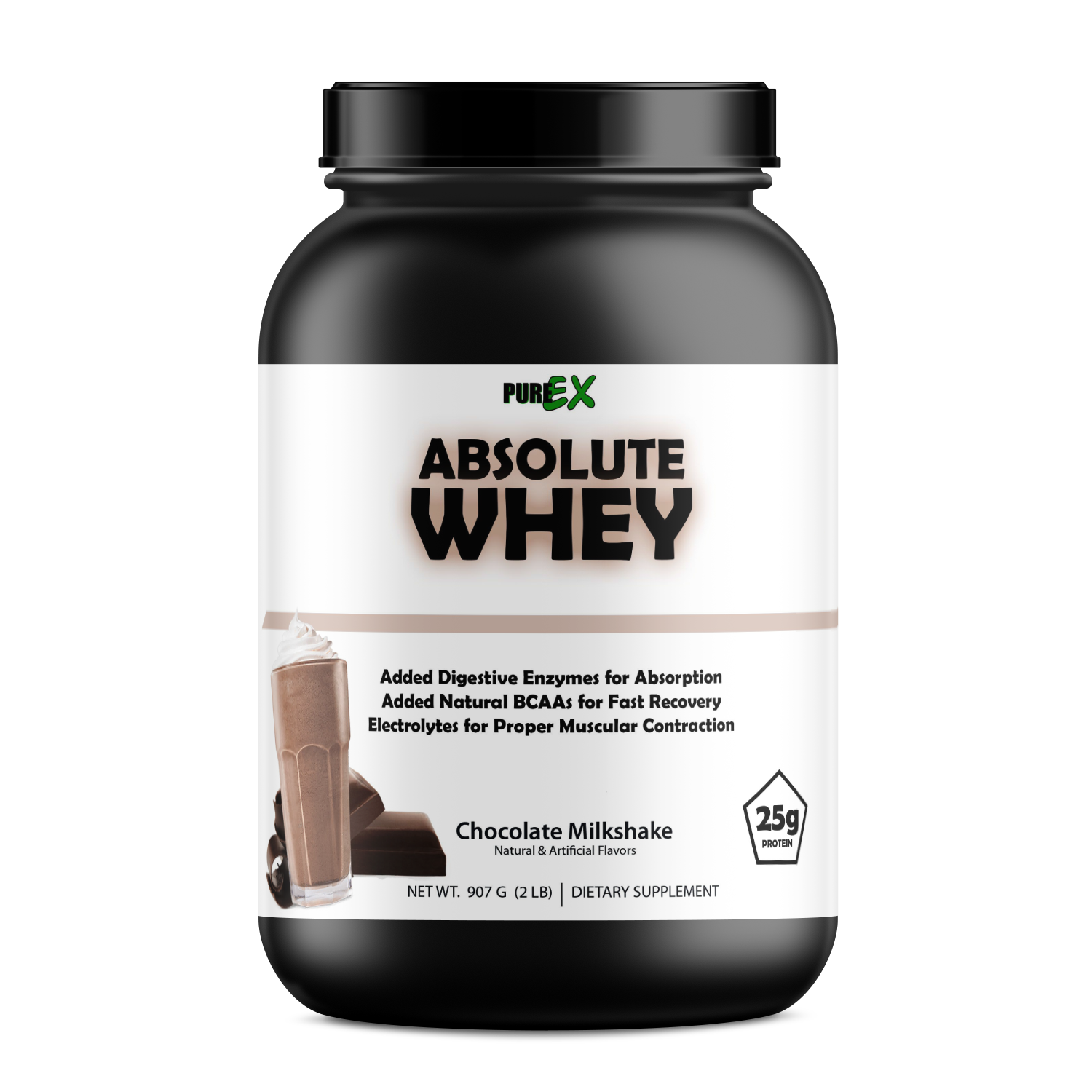 A black container of PureEx Absolute Whey by Purex Nutrition in chocolate milkshake flavor features BCAAs for muscle recovery, added enzymes, and electrolytes with 25g of protein per serving, weighing 907g (2 lbs).
