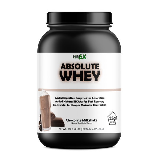 A black container of PureEx Absolute Whey by Purex Nutrition in chocolate milkshake flavor features BCAAs for muscle recovery, added enzymes, and electrolytes with 25g of protein per serving, weighing 907g (2 lbs).