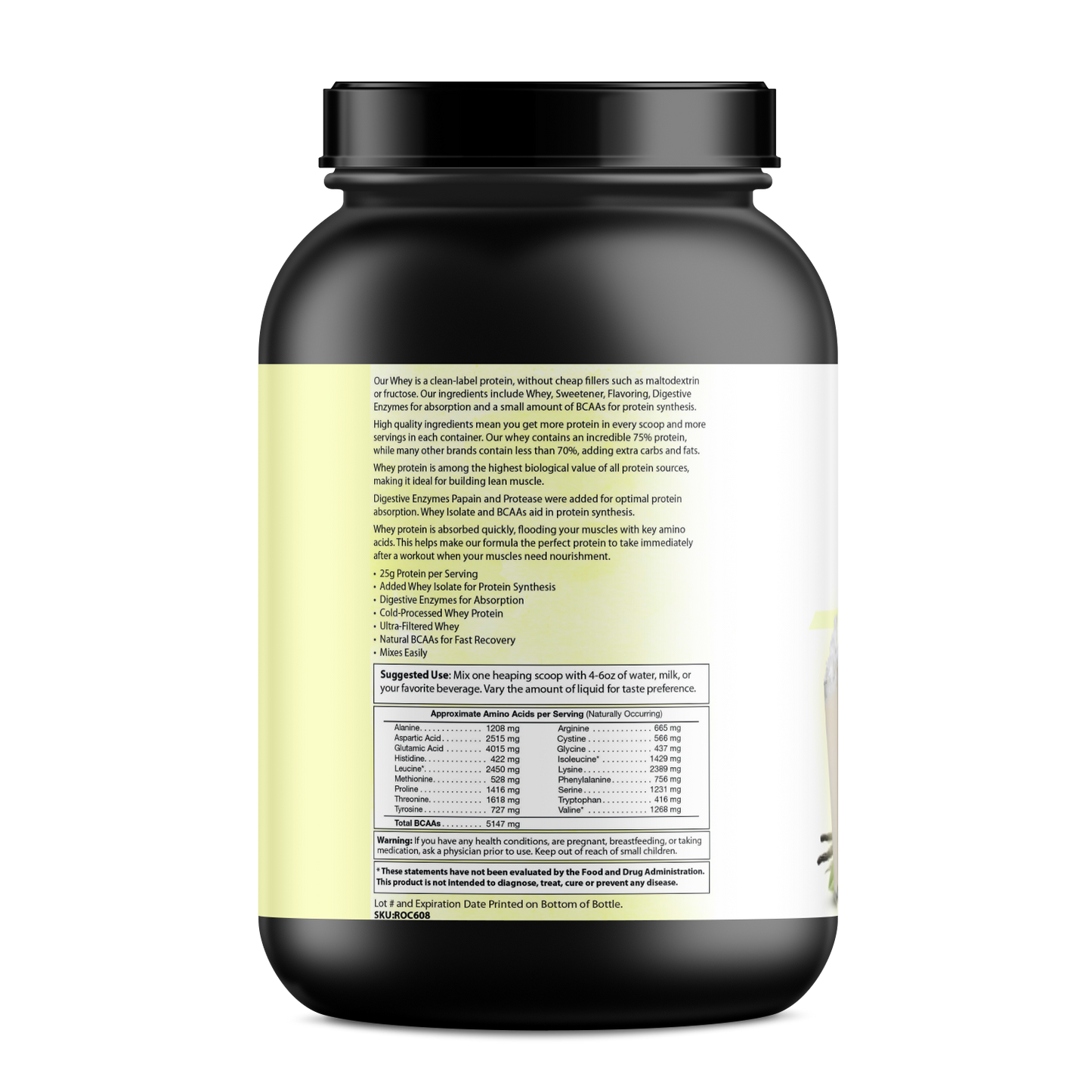 A black and yellow container of PureEx Absolute Whey - Vanilla by Purex Nutrition features a detailed label with ingredients, amino acids, and nutritional info. Suggested use and nutrient facts are highlighted. The black lid is secure, designed for optimal muscle recovery.