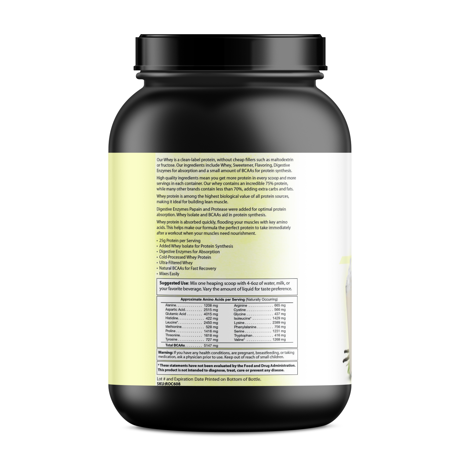 A black and yellow container of PureEx Absolute Whey - Vanilla by Purex Nutrition features a detailed label with ingredients, amino acids, and nutritional info. Suggested use and nutrient facts are highlighted. The black lid is secure, designed for optimal muscle recovery.