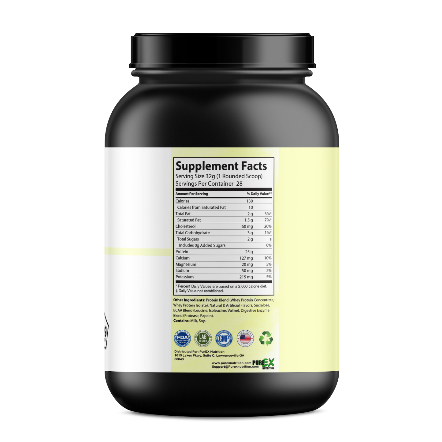 A black and white PureEx Absolute Whey - Vanilla container from Purex Nutrition features a Supplement Facts label with whey protein. It details calories, proteins, amino acids, and other essential nutrients for muscle recovery. Certification icons enhance the sleek design at the bottom.