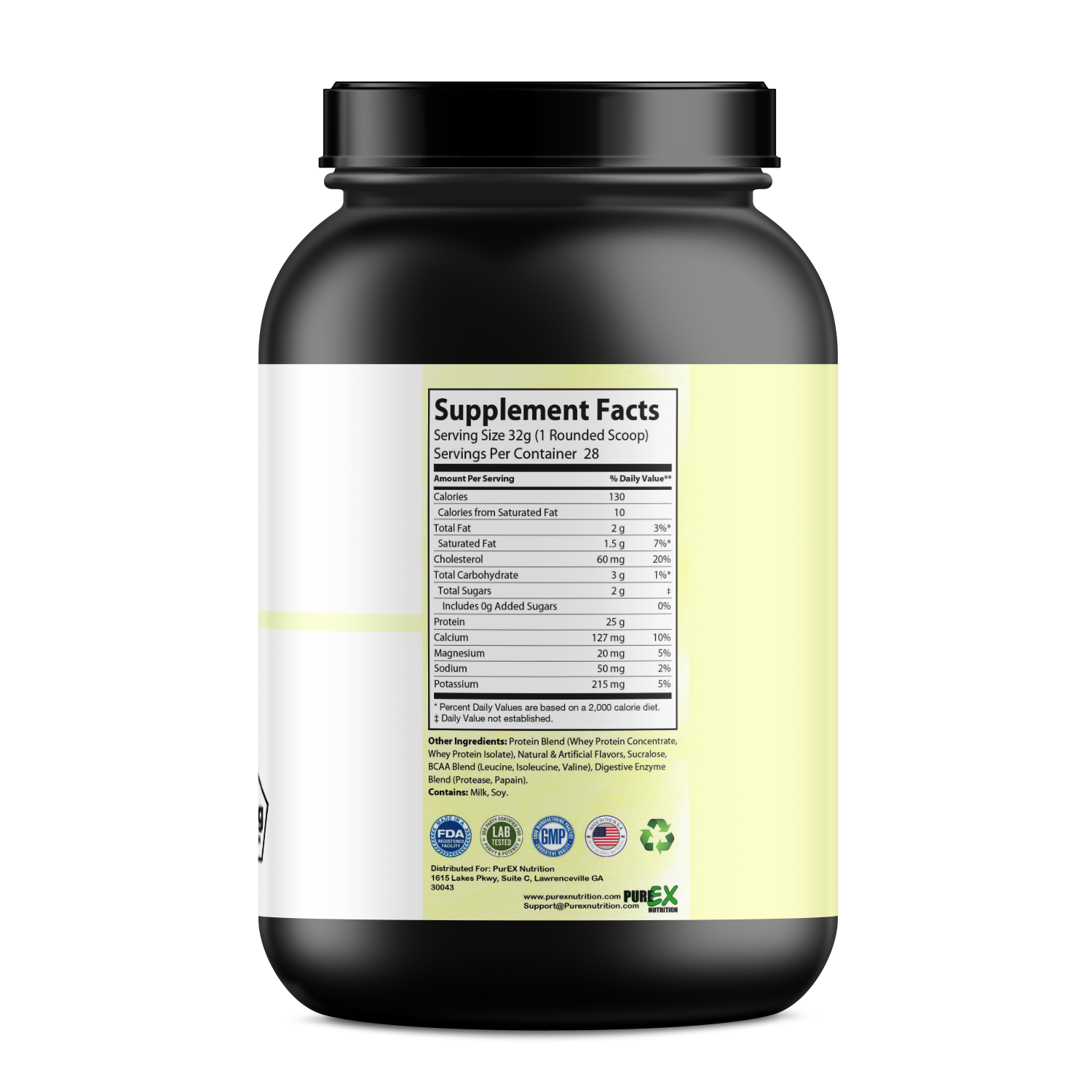 A black and white PureEx Absolute Whey - Vanilla container from Purex Nutrition features a Supplement Facts label with whey protein. It details calories, proteins, amino acids, and other essential nutrients for muscle recovery. Certification icons enhance the sleek design at the bottom.