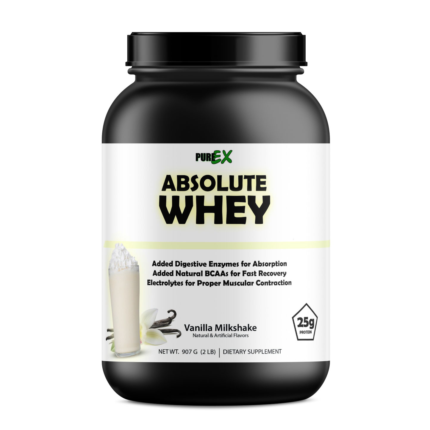 A black Purex Nutrition container labeled PureEx Absolute Whey - Vanilla features amino acids, digestive enzymes, BCAAs, electrolytes, and 25g protein for muscle recovery. An image displays a vanilla milkshake with vanilla flowers.