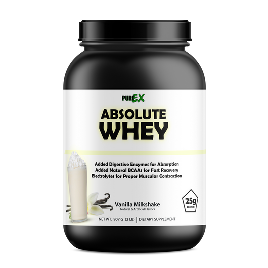 A black Purex Nutrition container labeled PureEx Absolute Whey - Vanilla features amino acids, digestive enzymes, BCAAs, electrolytes, and 25g protein for muscle recovery. An image displays a vanilla milkshake with vanilla flowers.