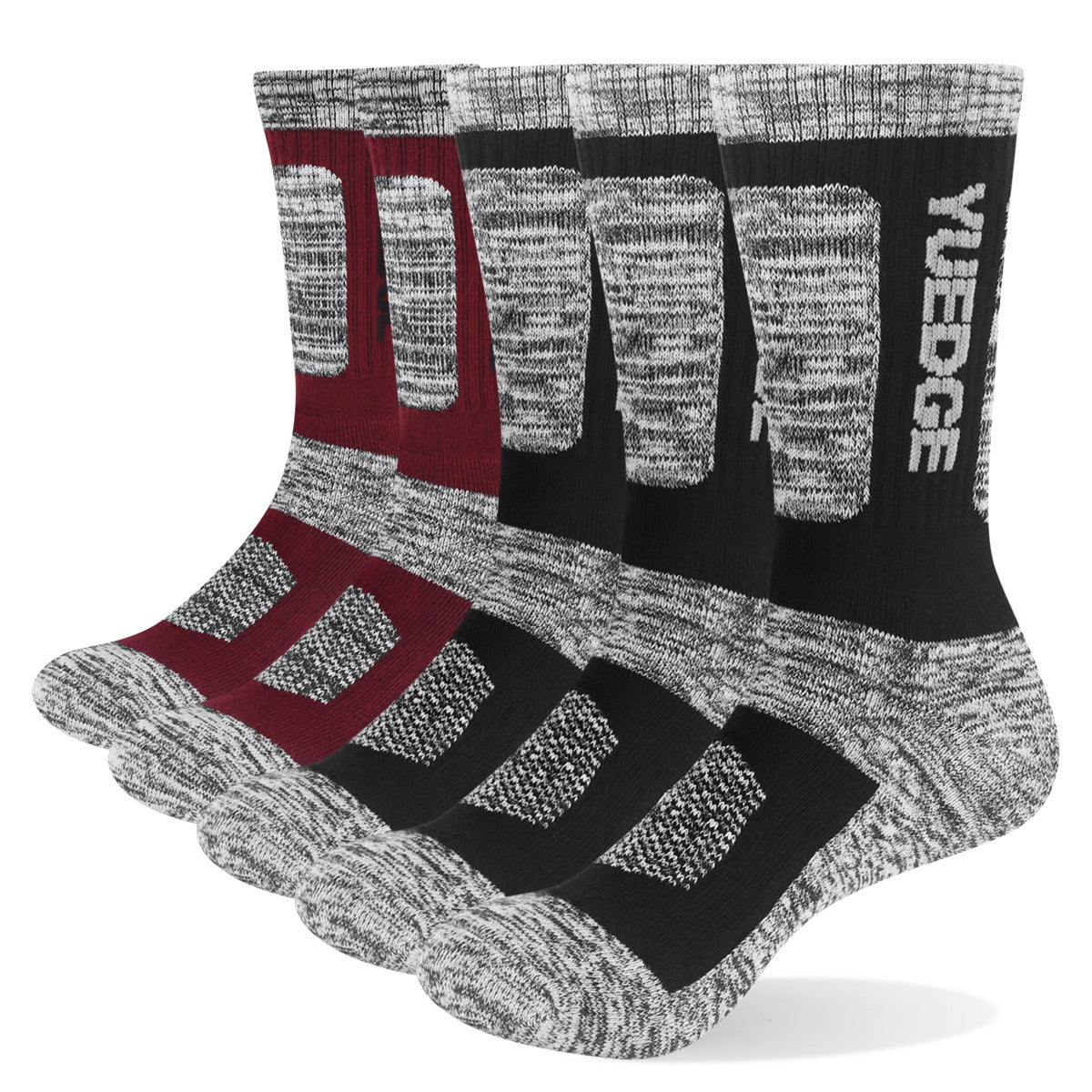 A pack of five eprolo Mens Pure Cotton Outdoor Sports Socks with a thickened terry bottom, featuring a cushioned design and a black, gray, and red color scheme. The gray areas are heathered, with each sock displaying the brand logo on the side.