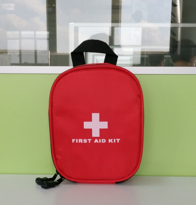 A 25-piece compact first aid kit from eprolo, with a red case, white cross, and “First Aid Kit” label, hangs by a black strap against a green and glass backdrop. Ideal for outdoor emergencies, its perfect for hiking adventures.