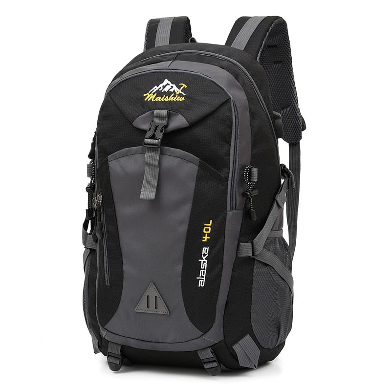The eprolo 40L Waterproof Unisex Outdoor Backpack in black and gray has multiple compartments and adjustable straps. It features yellow alaska 40L embroidery and a mountain logo, making it perfect for hiking, climbing, or camping adventures.