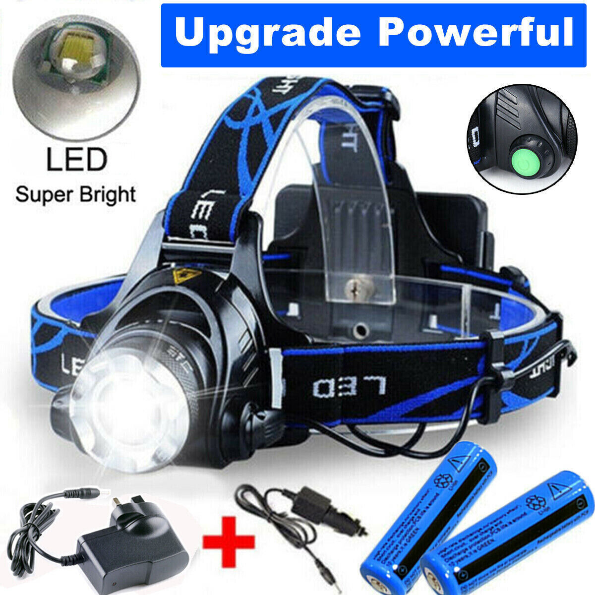 The Modalyst 990000LM Rechargeable LED Headlamp features a zoomable tactical flashlight with ultra-bright illumination, adjustable blue and black straps, two rechargeable batteries, a charger, adjustable focus, and boasts Upgrade Powerful and Super Bright features.