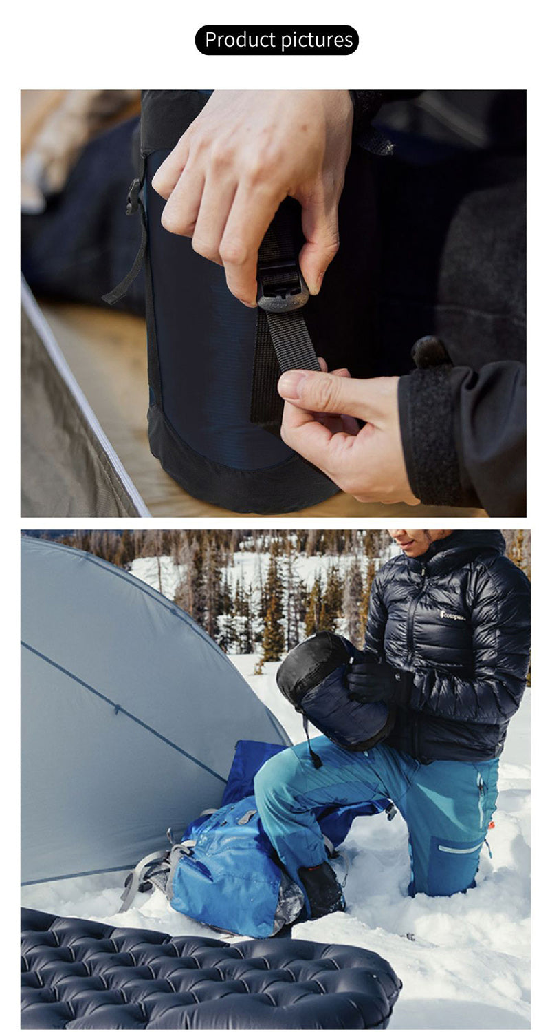 Top image: A person adjusts a strap on a black bag. Bottom image: An individual kneels in the snow by a tent wearing a black jacket and blue pants, handling camping gear including an inflatable sleeping pad and an eprolo Lightweight 40D Nylon Compression Stuff Sack for Sleeping Bags.