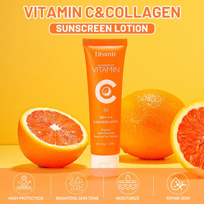 The dynamic orange-themed setting highlights Modalysts vibrant tube of Sunscreen Cream SPF 50. Nestled among oranges, it boasts Vitamin C & Collagen, offering superior protection by brightening, moisturizing, and repairing skin beautifully.