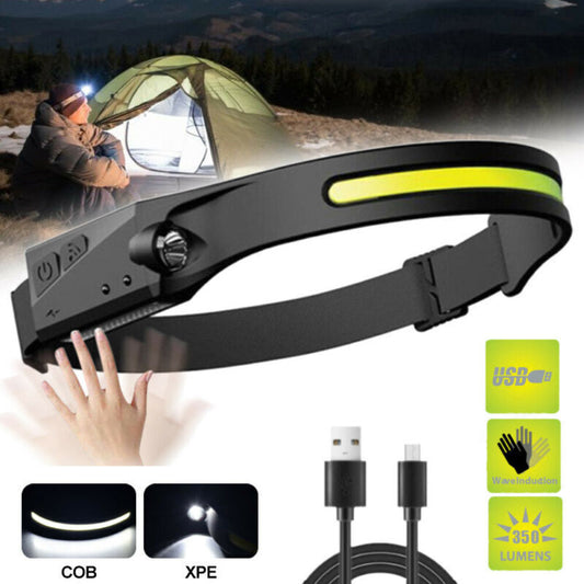 The Modalyst Waterproof COB Headlamp has 350 lumens, USB recharging, COB and XPE modes, and motion sensor wave induction. The scene depicts a softly glowing tent, along with images of the headlamp, a hand gesture for control, and a convenient USB cable.