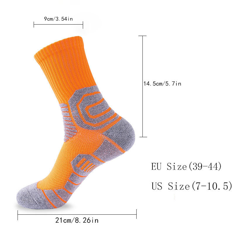 The Modalyst 8 Pairs Mens Compression Running Socks in orange and gray offer anti-blister protection. Measuring 21cm x 14.5cm x 9cm, they fit EU sizes 39-44 and US sizes 7-10.5, ensuring comfort for running, hiking, cycling, or fitness activities.