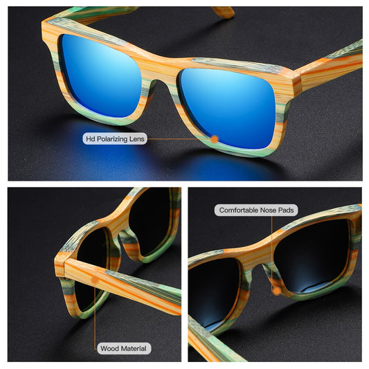 Eprolos Skateboard Polarized Bamboo Sunglasses feature blue reflective lenses. Top image shows the full pair; bottom left zooms in on handcrafted bamboo arms; bottom right highlights comfortable nose pads with descriptive labels pointing to each feature.