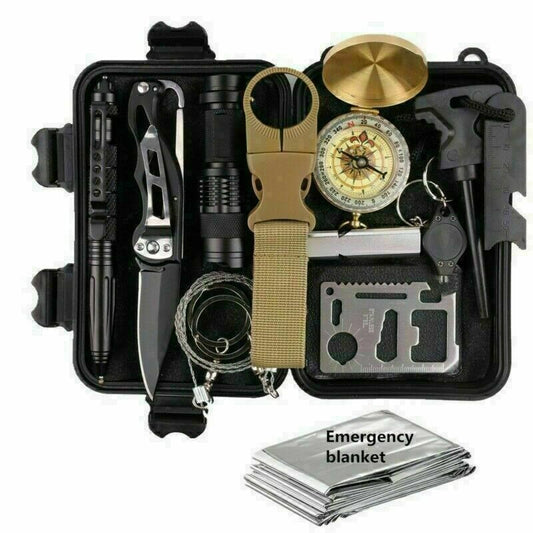 Modalysts 14-In-1 Outdoor Emergency Survival Kit includes tactical essentials like a knife, flashlight, pen, wire saw, compass, multitool card, carabiner, and an emergency blanket for any adventure.
