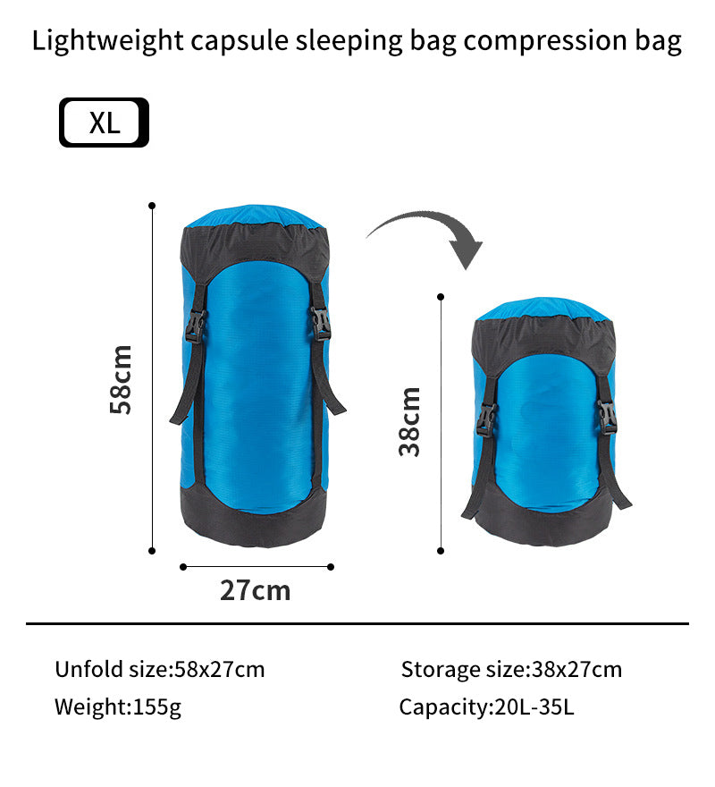A photo displays eprolos Lightweight 40D Nylon Compression Stuff Sack, perfect for camping. It comes in blue, weighs 155g, and holds a sleeping bag unfolding to 58x27 cm, compressing to 38x27 cm. Labeled XL with a capacity of 20L-35L.