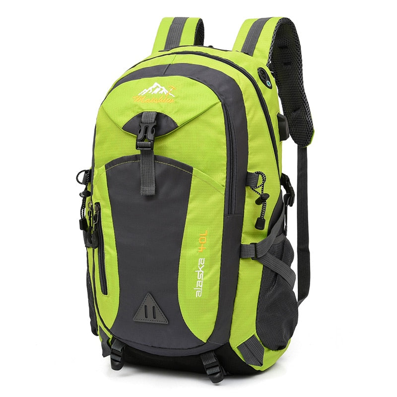 The eprolo 40L Waterproof Unisex Outdoor Backpack, in lime green and dark gray, features multiple compartments and pockets, adjustable shoulder straps, a top handle, alaska 40L printed on the side, and a small mountain logo on the front—perfect for hiking, climbing, or camping enthusiasts.
