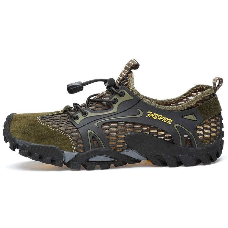 The eprolo Mens Summer Breathable Hiking Shoes are rugged green and black sneakers with mesh panels, perfect for outdoor adventures. They feature a non-slip outsole, heel pull-tab, toggle lace closure, quick-dry technology for all-day comfort, and Fashion printed on the side.